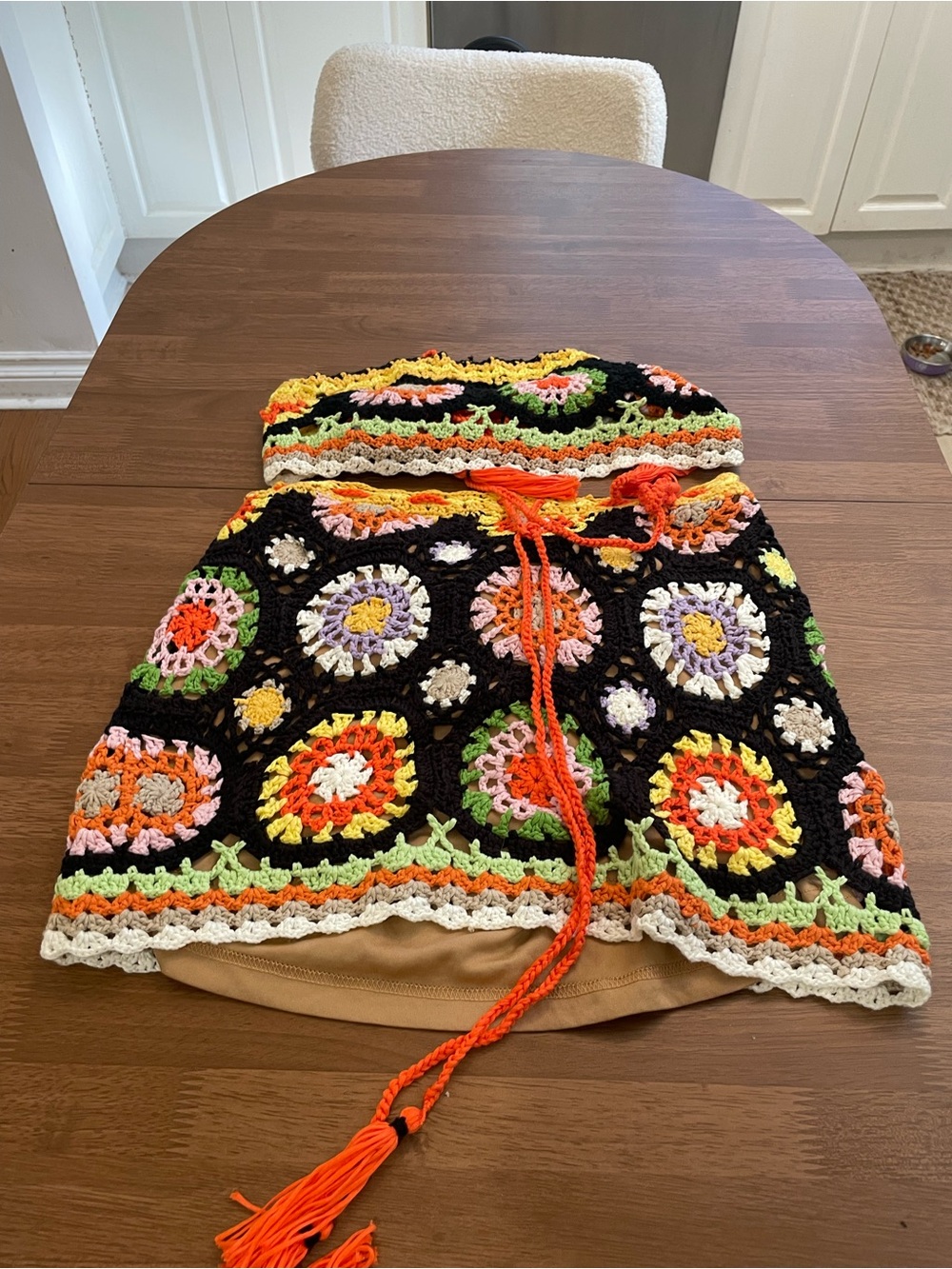 FashionNova vacation Crochet Flower Halter Dress in Black & Multicolor